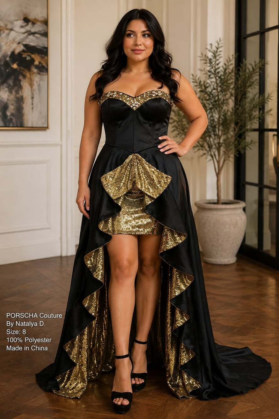 Porscha Couture by Natalya D. Black And Gold Corset Gown Size 8